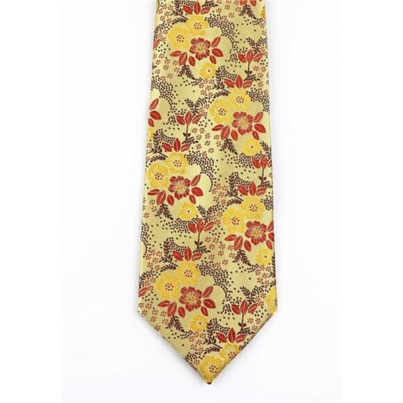 Men's Tie Cravat Jacquard Luxury Small Floral Pattern Wedding Yellow And Brown - Picture 4 of 5